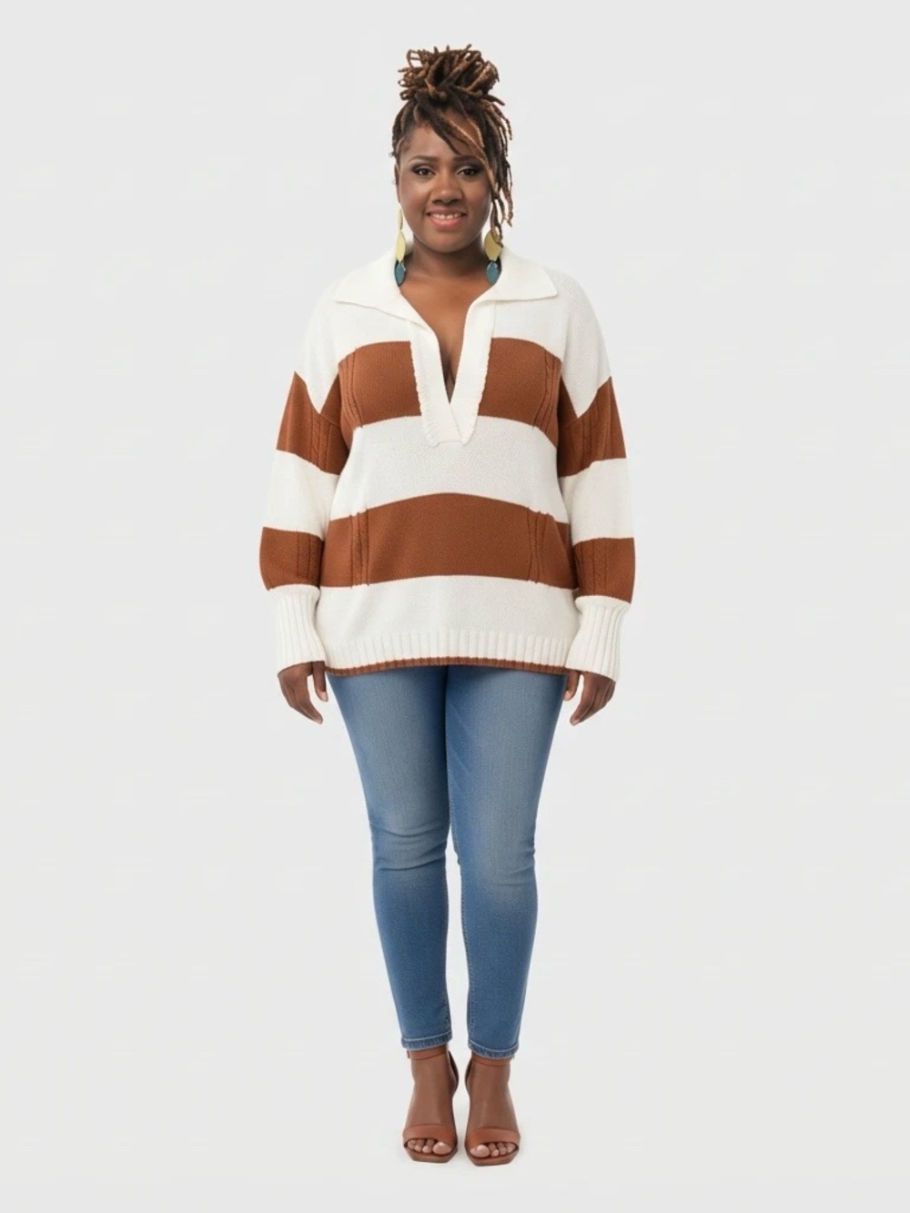 SHEIN White & Brown Striped V-Neck Pullover Sweater